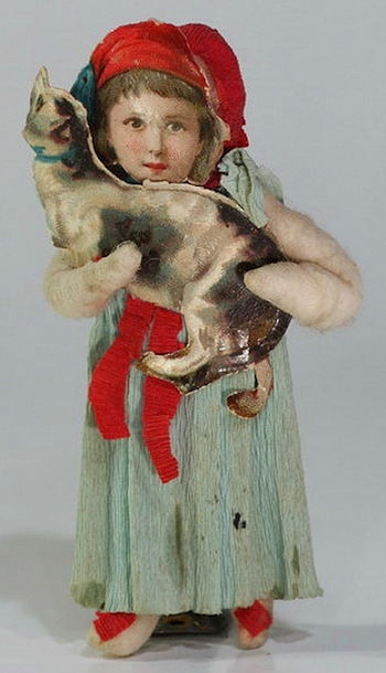 Girl holding cat Christmas ornament. Spun cotton, crepe paper ...