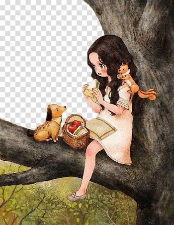 Girl holding sandwich sitting on tree branch with dog, Diary Illustrator Illustration, Fairy tale illustration transparent background PNG clipart