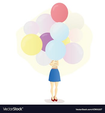 girl holds a large armful of colorful balloons