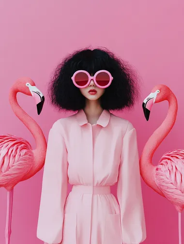 Girl in pink dress with flamingos in vibrant cityscape photography