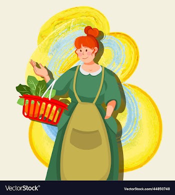 girl in the store with a basket of groceries