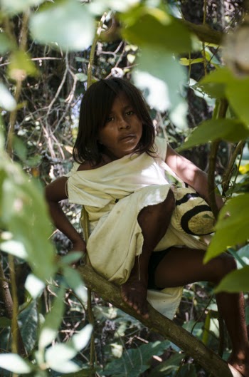 Girl in White Cap-sleeved Boat-neck Dress on Leaf Branch