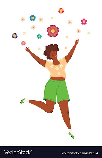 girl jumping with flowers
