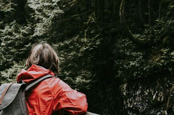 girl leaning on rail facing the forest