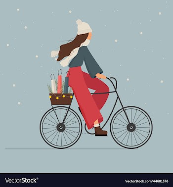 girl on bike with presents shopping winter
