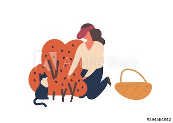 Girl picking forest berries flat vector illustration