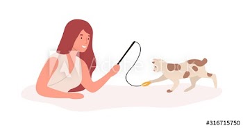 Girl playing with cat flat vector illustration