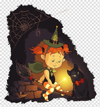 Girl riding on broom beside black cat near brick illustration, Halloween Little Witch transparent background PNG clipart
