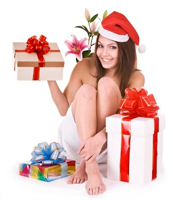  Girl Santa Claus with  christmas gift box and flower. Isolated.