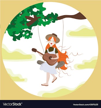 girl sits on a swing and plays the guitar red
