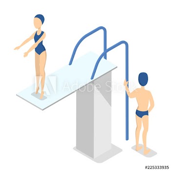 Girl standing on trampoline in swimming pool