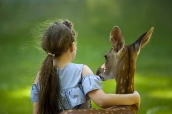 Girl Wearing Blue Top With her hand around a deer 