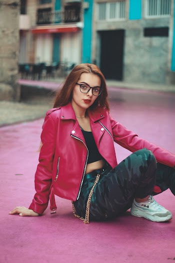 Girl Wearing Leather Zip-up Jacket 