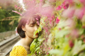 Girl Wearing Yellow And White Polka Dotted Top Besides Pink Flowers With Green Leaves