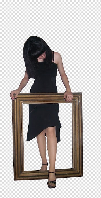 Girl with frame Synthex, woman in black dress holding brown frame transparent background PNG clipart