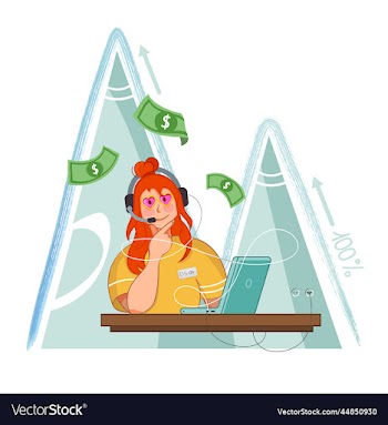 girl works at a laptop money is flying