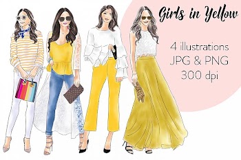 Girls in yellow watercolour fashion illustration clipart