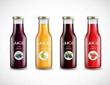 Glass bottles with fruit juice collection Free Vector