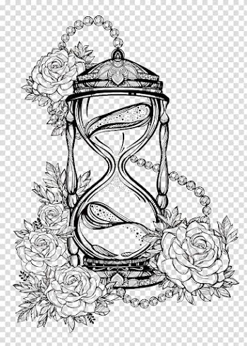 Glass hour and flowers illustration, Drawing Hourglass Sketch, Rose lines hourglass transparent background PNG clipart