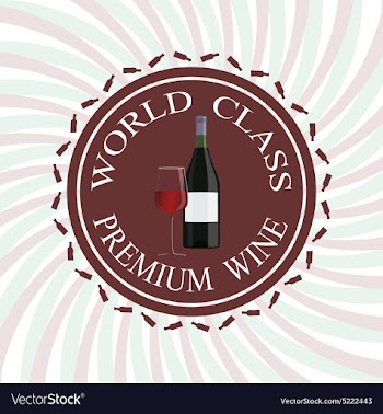Glass of red wine and bottle label stamp design vector image