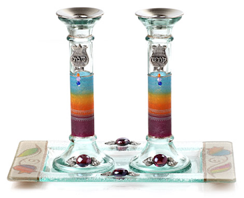 Glass Shabbat Candlesticks with Rainbow Striping and Tray