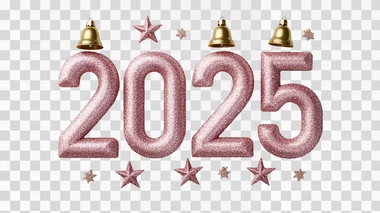 glittering "2025" with Christmas stars and bells, clean whit