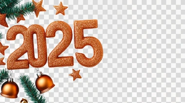 glittering "2025" with Christmas stars and bells, clean whit