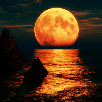 Glowing Golden Full Moon Over Dark Ocean