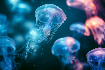 Glowing Moon Jellyfish in Moody Aquatic Scene
