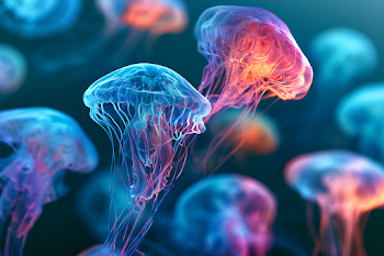 Glowing Moon Jellyfish in Teal Waters
