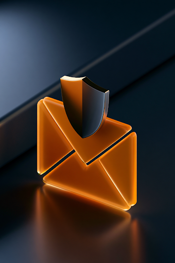 Glowing Orange Email Icon with Metallic Shield