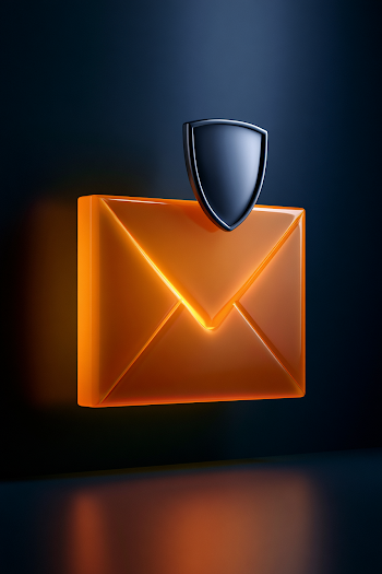 Glowing Orange Email Icon with Shield on Dark Background