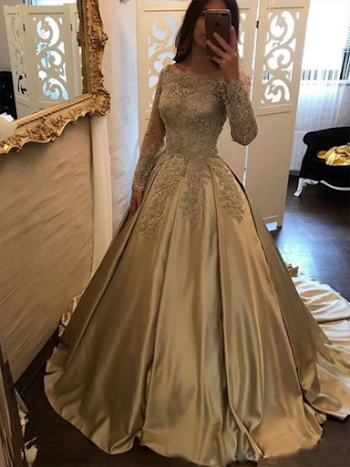 Gold A Line Prom Dress Modest Elegant Lace Long Prom Dress #VB2023 ...