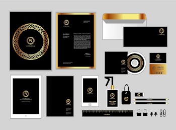 gold and black corporate identity template for your business includes CD Cover, Business Card, folder, ruler, Envelope and Letter Head Designs set 2
