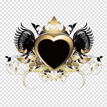 Gold heart with black wings and crown illustration, Ornament , Gold heart-shaped decorative borders transparent background PNG clipart