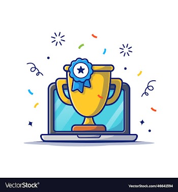 gold trophy badge with laptop cartoon