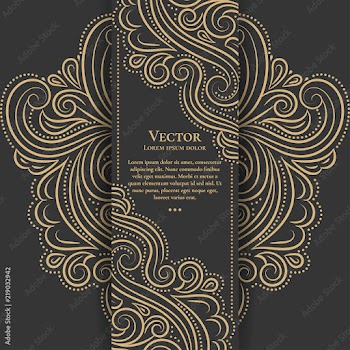 Gold vintage greeting card on a black background. Luxury vector ornament template. Mandala. Great for invitation, flyer, menu, brochure, postcard, wallpaper, decoration, or any desired idea.