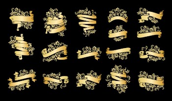 Gold vintage ribbon banners with leaves and flowers Free Vector