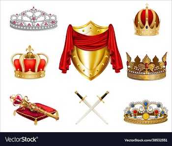 golden ancient crowns and swords set on white