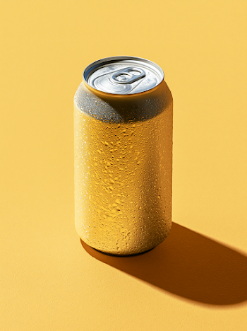 Golden Beverage Can on Warm Sand Background