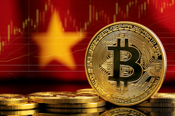Golden Bitcoin Against Chinese Flag Background