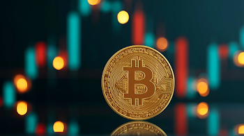 Golden Cryptocurrency Coin on Reflective Surface