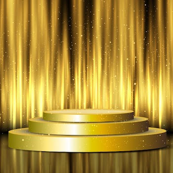 Golden display podium on silk curtains background Free Vector