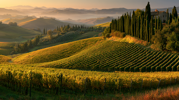 Golden Hour Over Rolling Vineyards