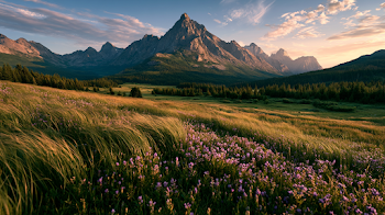Golden Hour Wildflower Meadow with Majestic Mountain Peaks