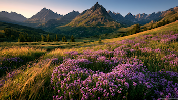 Golden Hour Wildflower Meadow with Mountain Peaks