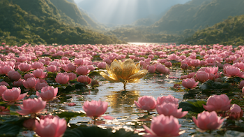 Golden Lotus in Serene Pink Pond