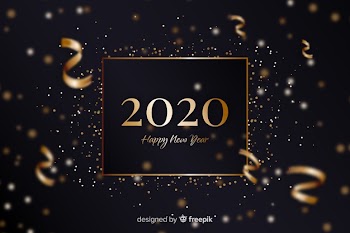 Golden new year 2020 with confetti Free Vector