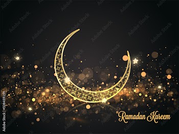 Golden Ornate Crescent Moon with Stars and Bokeh Light Effect on Black Background for Ramadan Kareem Celebration.