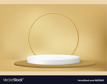 golden podium and a round white marble display